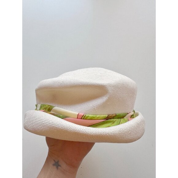 Vintage White Basketweave Green Pink Satin Twill Tie Bucket Hat - Picture 11 of 16